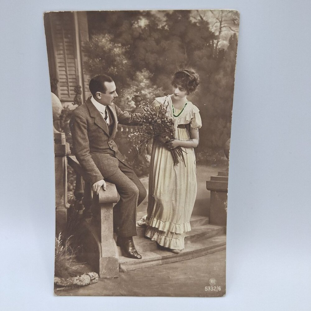 Antique Romantic Postcard Couple Scene Sepia Tone Handwritten Message‎ Ephemera